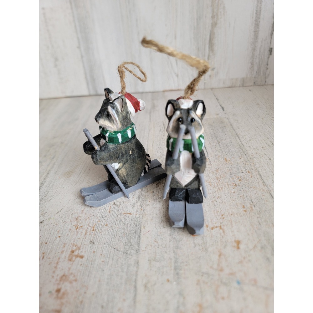 Rustic folk art raccoon skiing skier Xmas ornament wooden set unique
